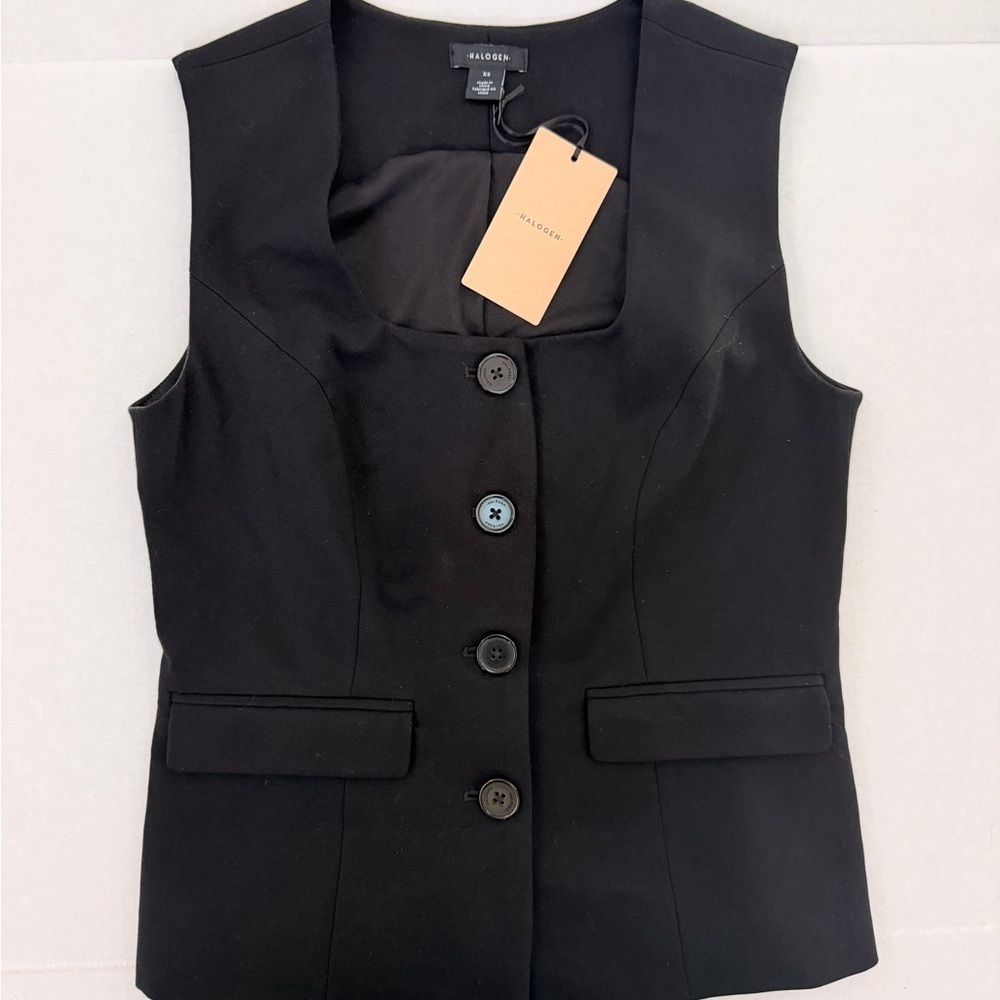 Halogen Black Sleeveless Square Neck Button Up Vest - Picture 2 of 6